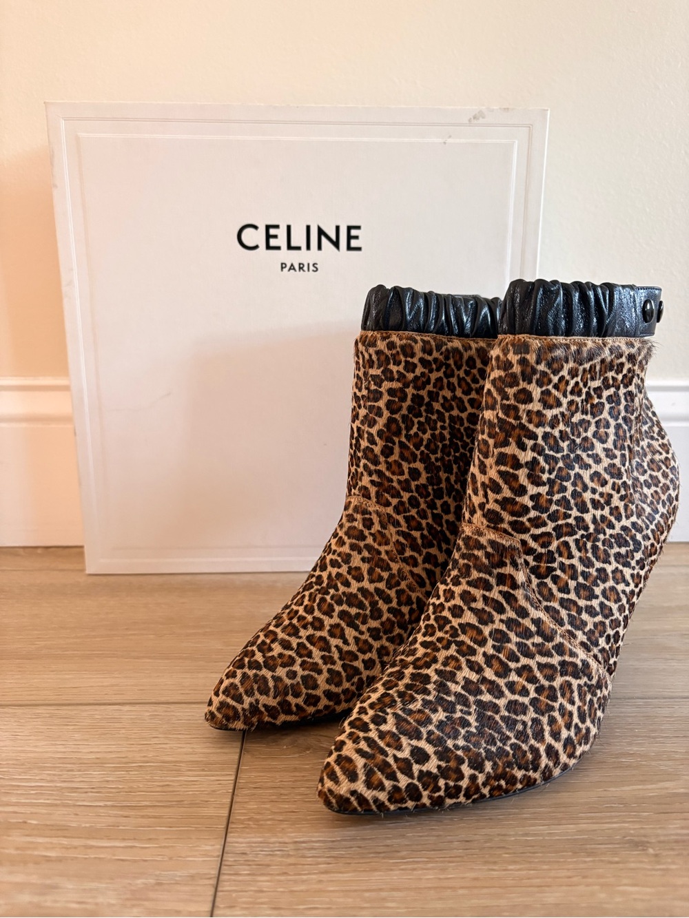 Celine Leopard-Print Ankle Booties with Black Leather Trim
